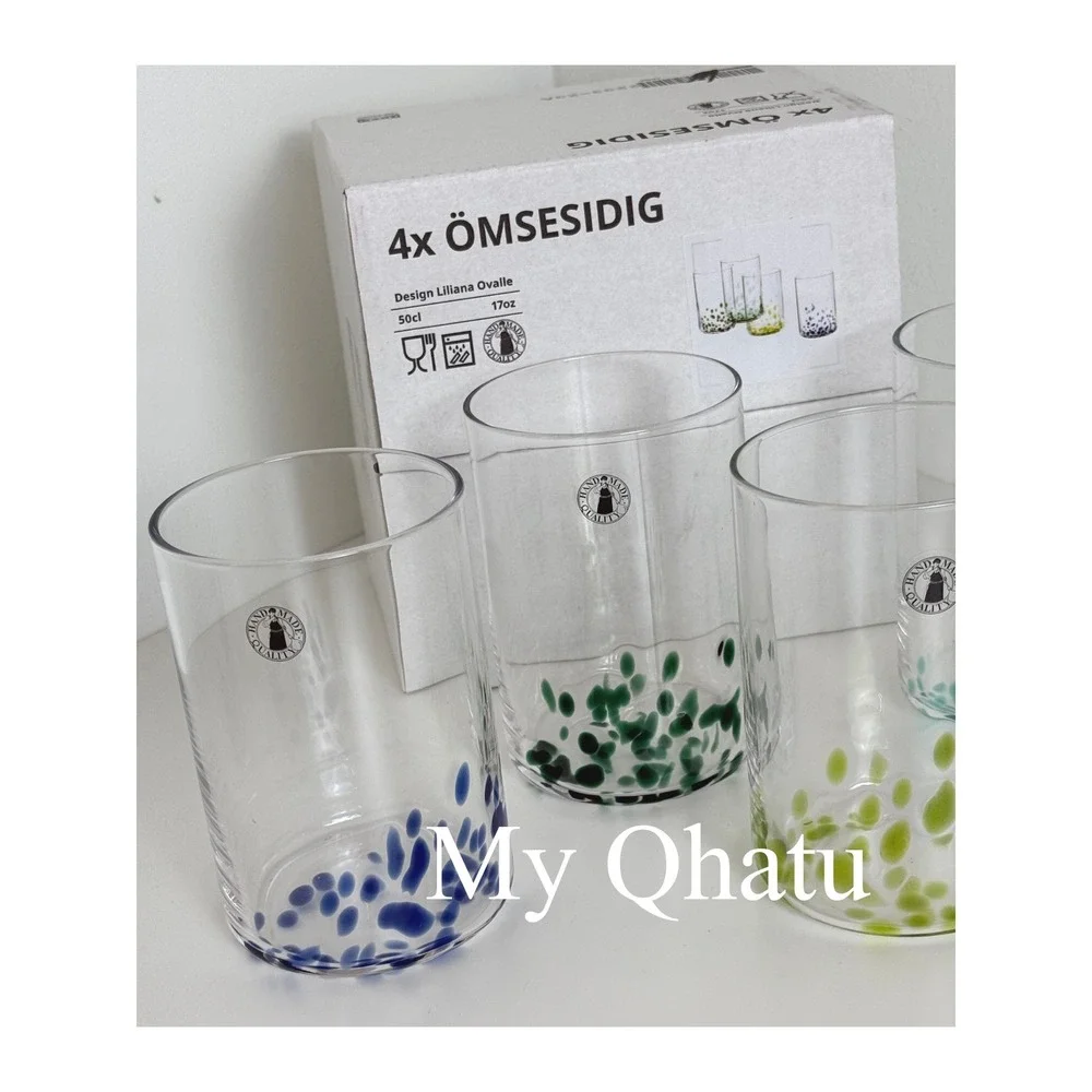 IKEA OMSESIDIG 4pk Glass Set Handmade 17oz Colorful Dots New discontinued